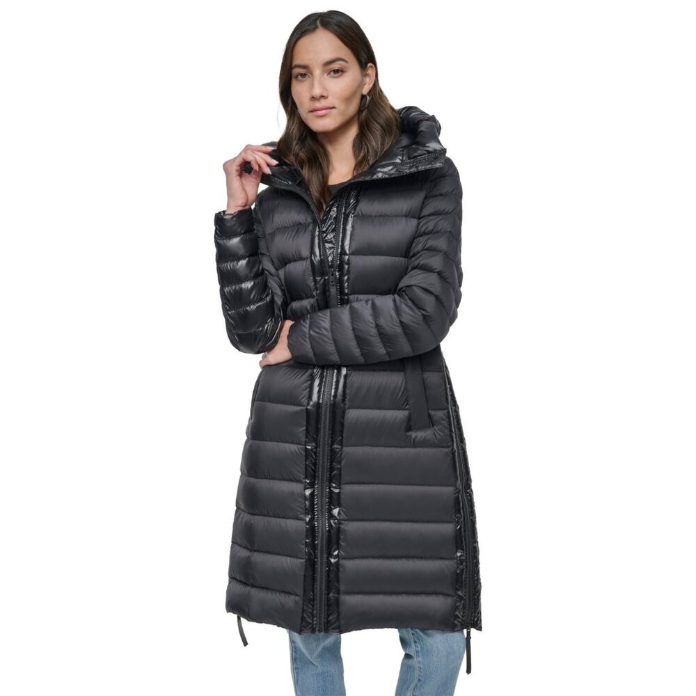 DKNY Jeans Women's Down Quilted Hooded Puffer Coat Black Size L MSRP $229